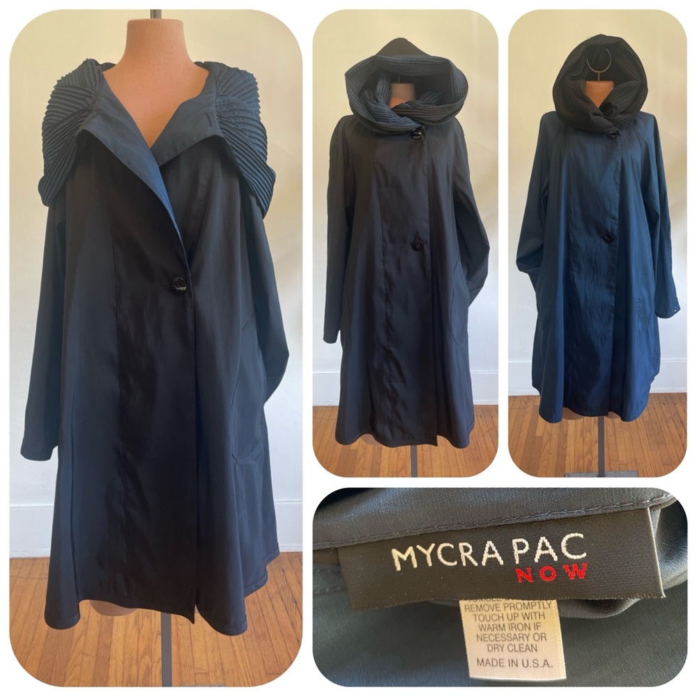 Mycra Pac Long Reversible Donatella Opera Raincoat Jacket w/ Pleated Hood